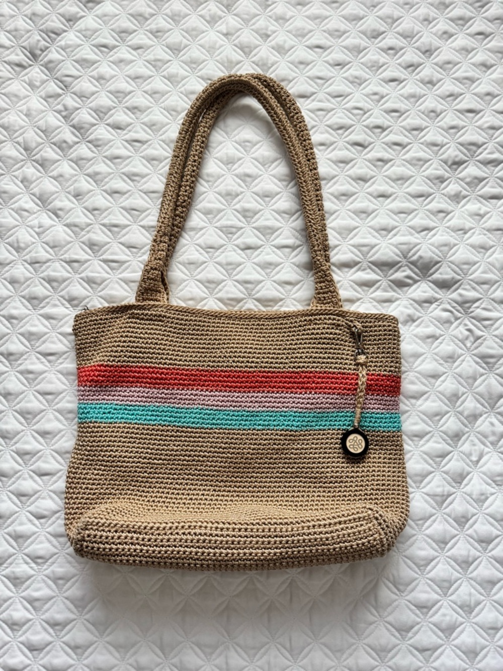 The Sak Crochet Shoulder Tote Bag Purse Zip Top Tan Coral Blue Pink Stripes